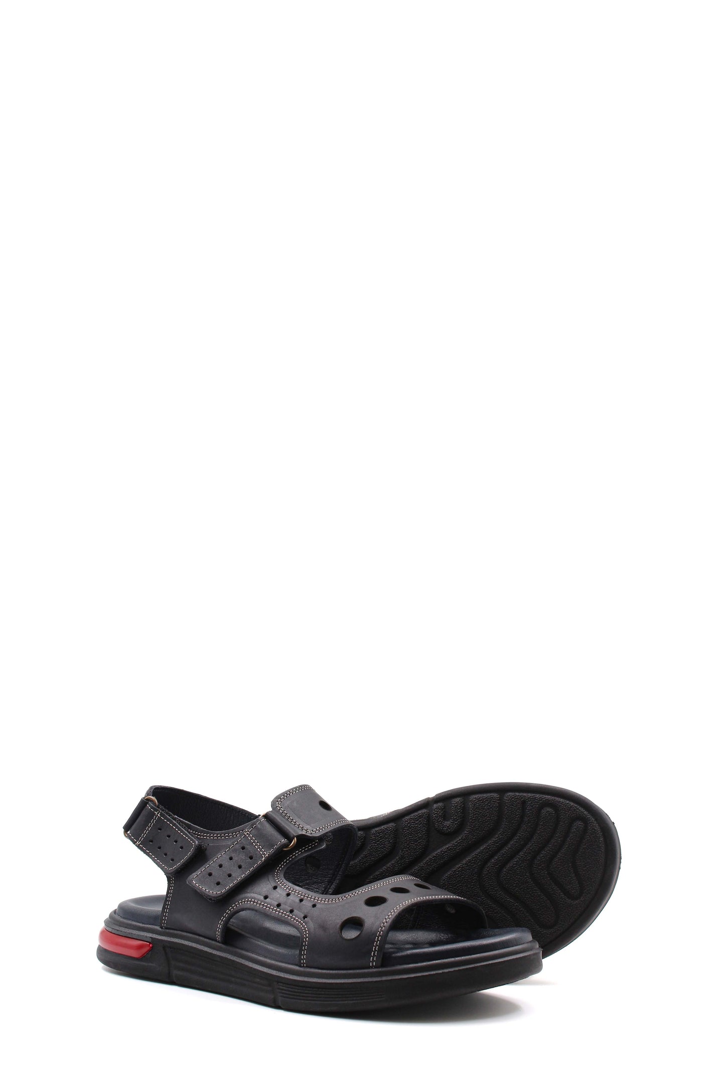 Men's Black Leather Sandals with Perforated Straps and Air Cushion Heel