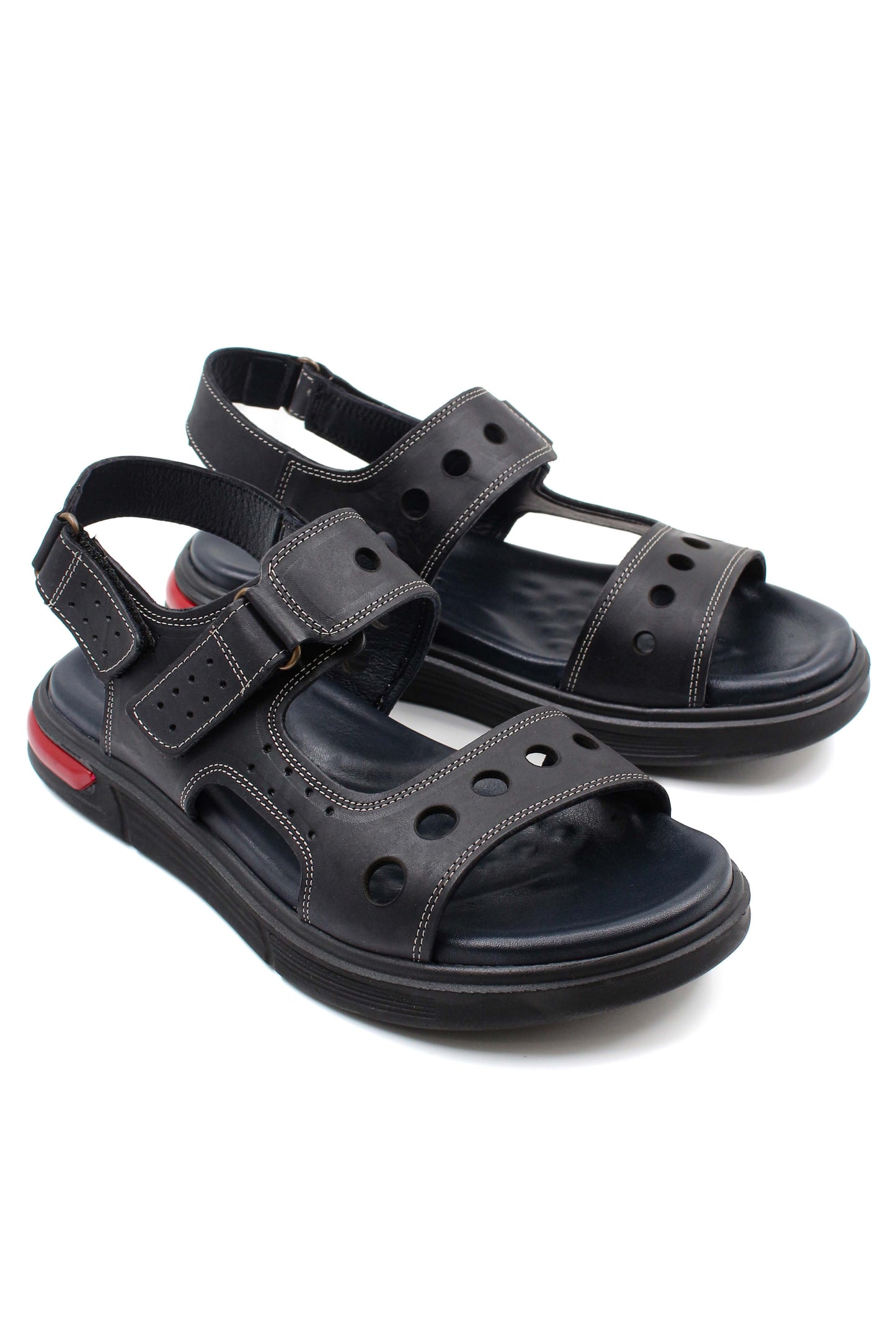 Men's Black Leather Sandals with Perforated Straps and Air Cushion Heel