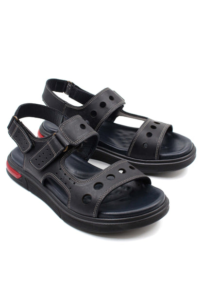 Men's Black Leather Sandals with Perforated Straps and Air Cushion Heel