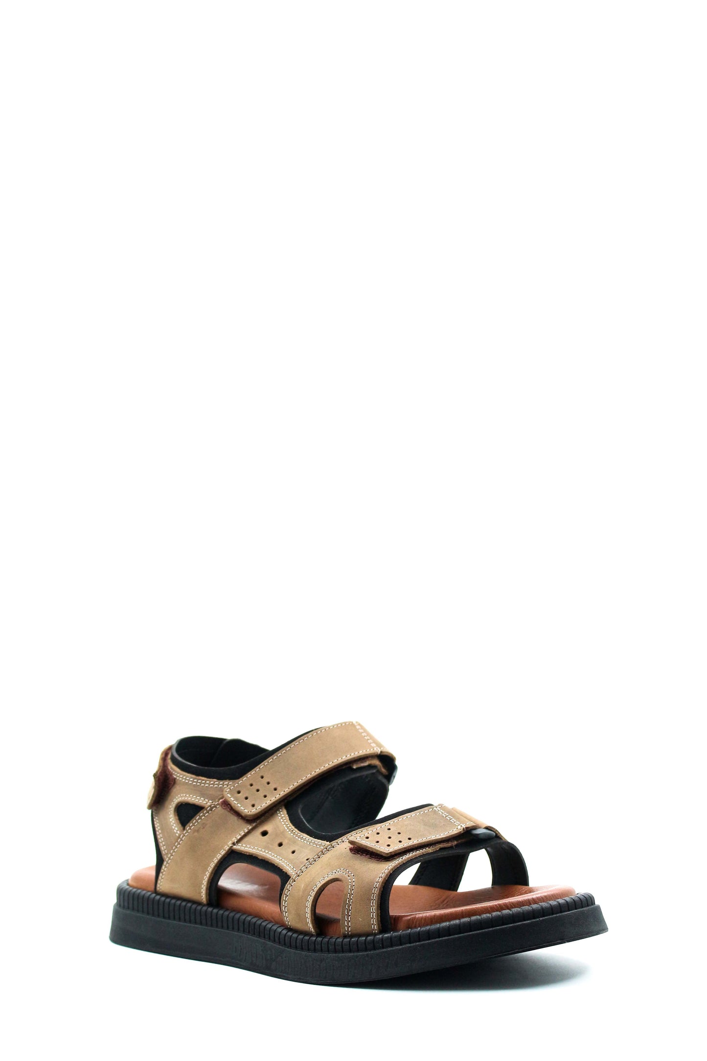 Men's Beige Leather Sandals with Adjustable Straps and Cushioned Footbed