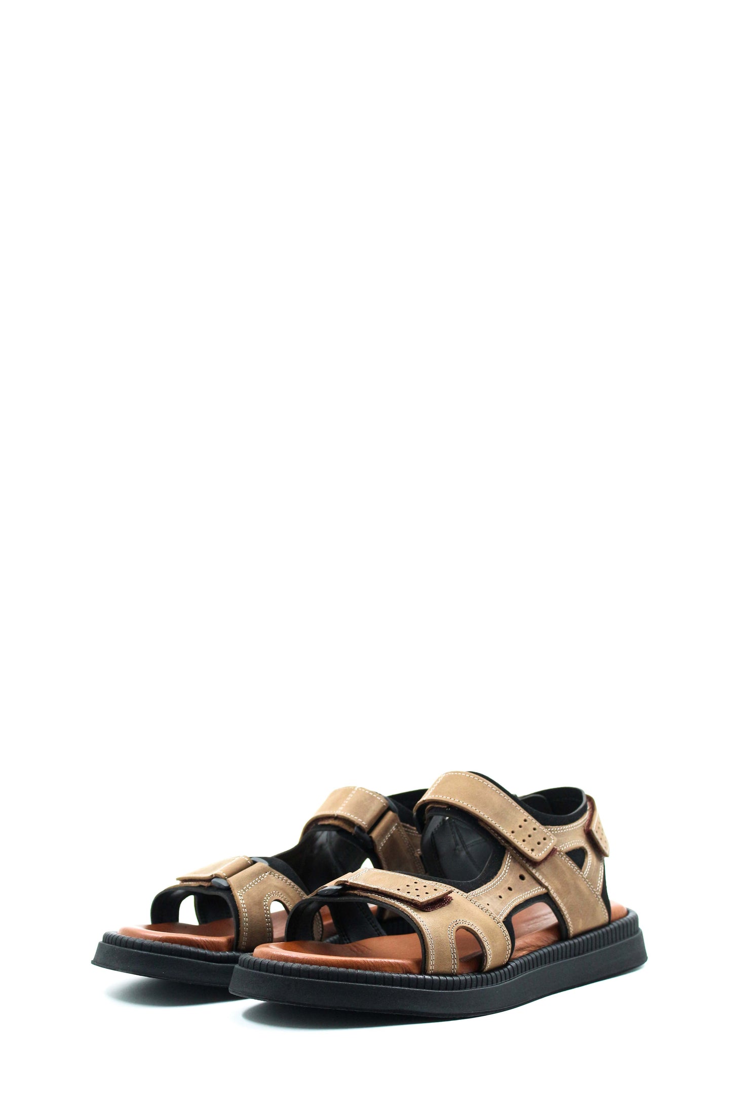 Men's Beige Leather Sandals with Adjustable Straps and Cushioned Footbed