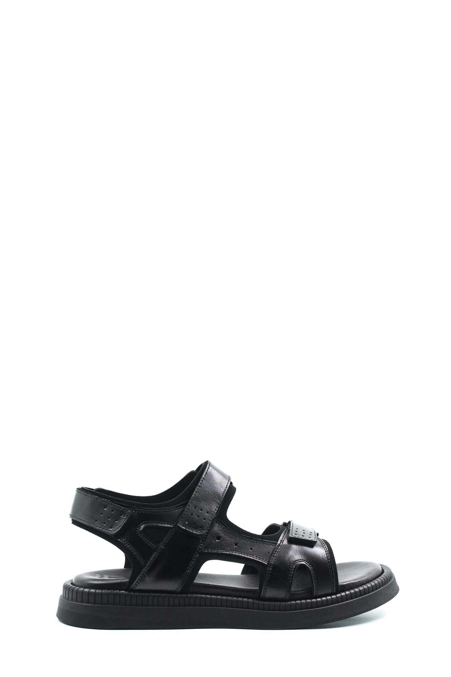 Men's Black Leather Open-Toe Sandals with Adjustable Straps and Cushioned Sole