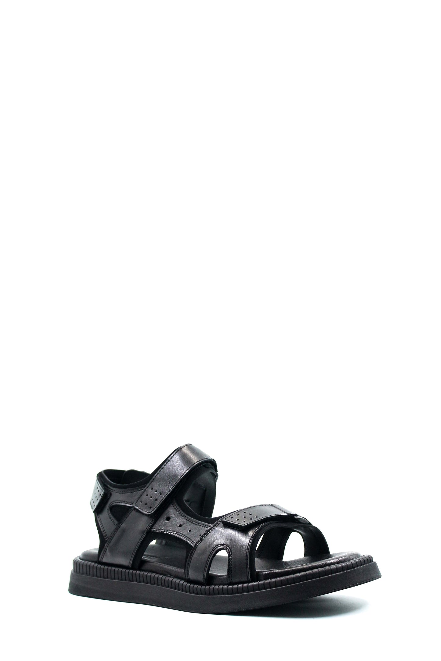 Men's Black Leather Open-Toe Sandals with Adjustable Straps and Cushioned Sole