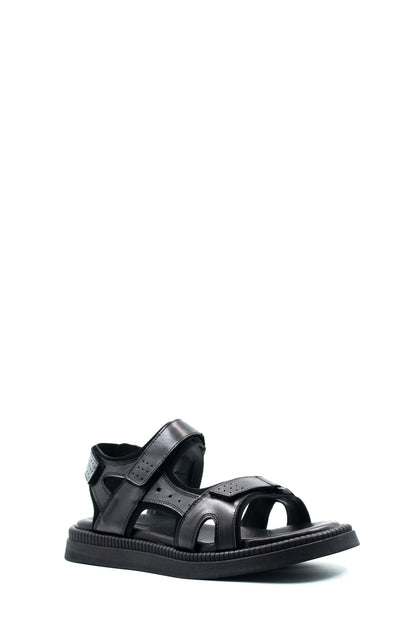 Men's Black Leather Open-Toe Sandals with Adjustable Straps and Cushioned Sole