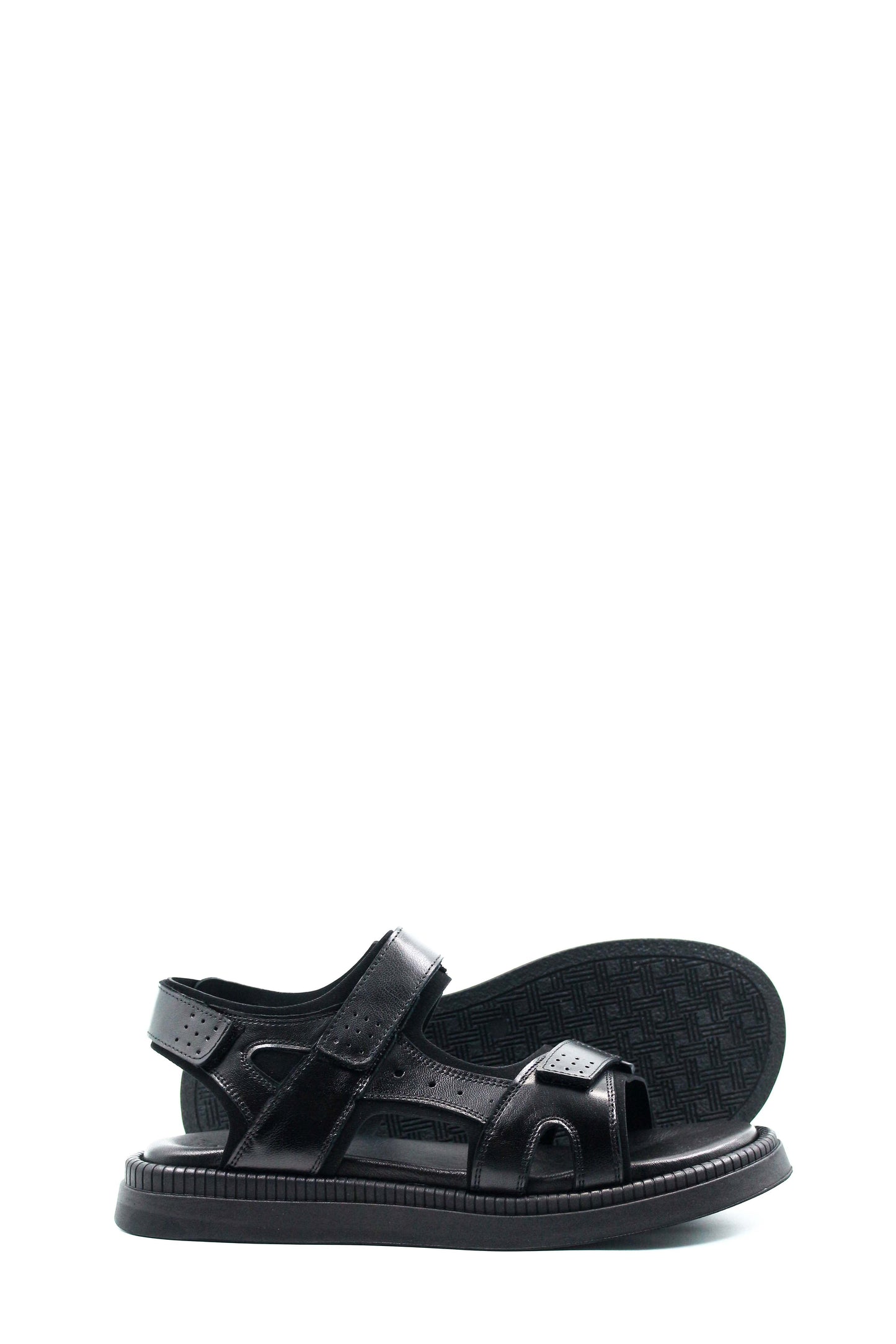 Men's Black Leather Open-Toe Sandals with Adjustable Straps and Cushioned Sole