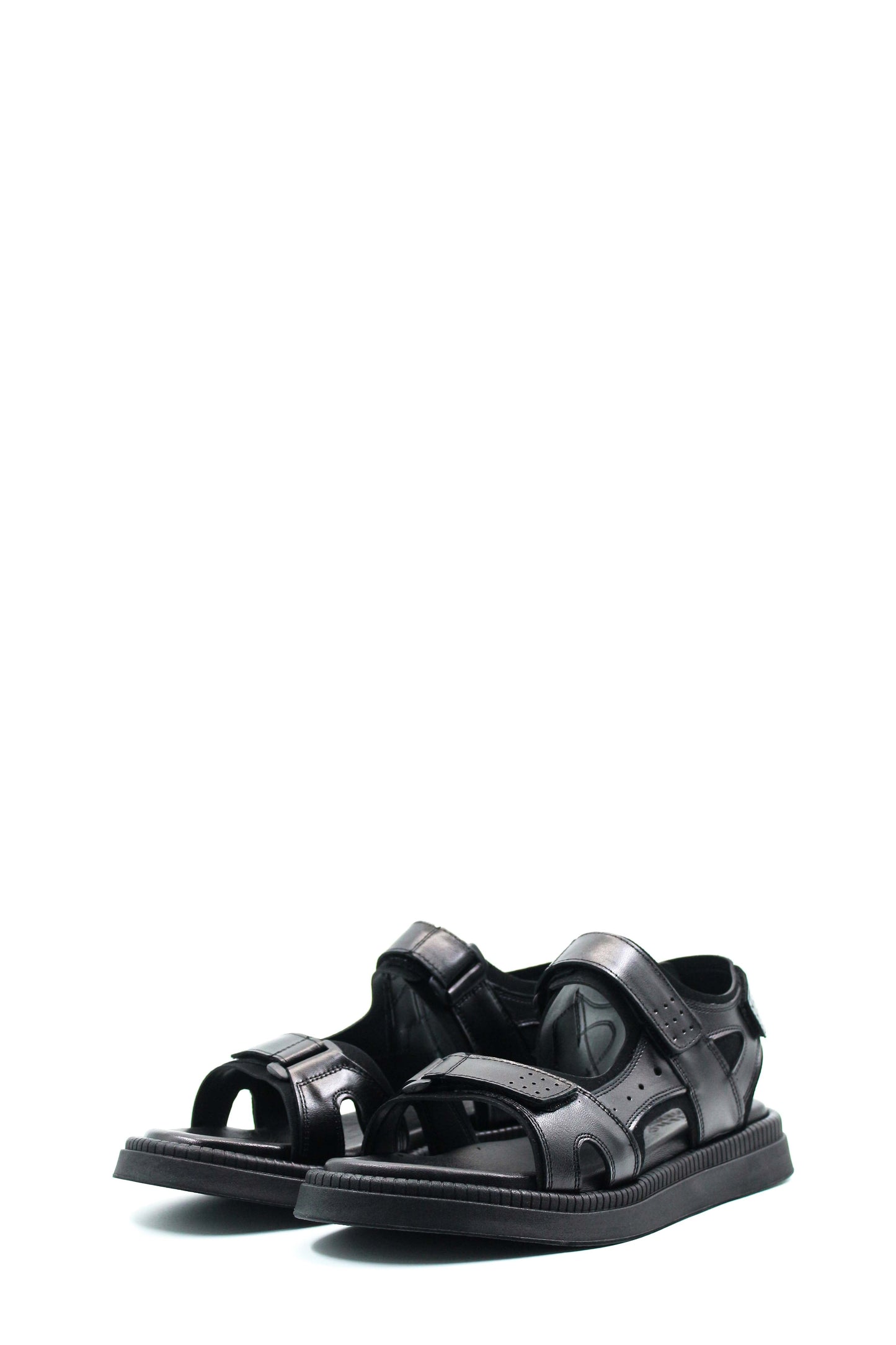 Men's Black Leather Open-Toe Sandals with Adjustable Straps and Cushioned Sole