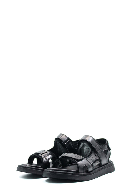 Men's Black Leather Open-Toe Sandals with Adjustable Straps and Cushioned Sole