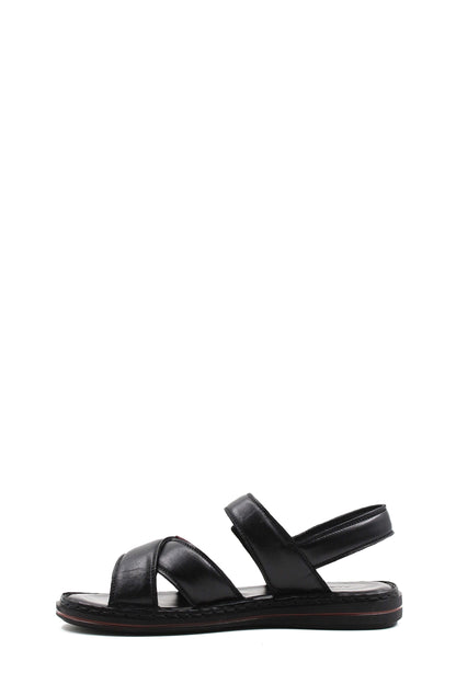 Men's Black Leather Sandals with Adjustable Straps and Contrast Detail