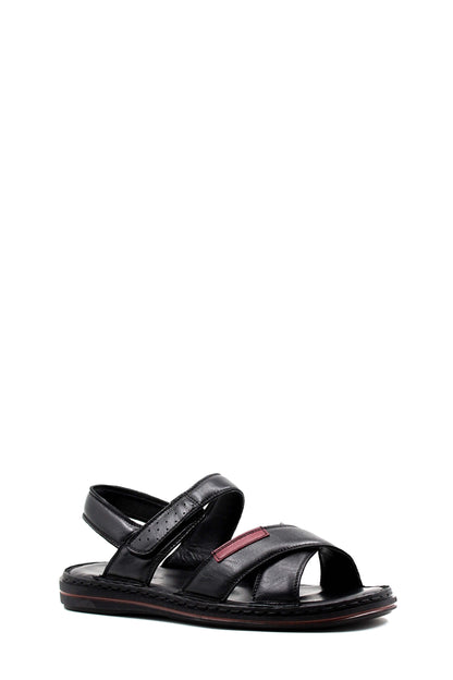 Men's Black Leather Sandals with Adjustable Straps and Contrast Detail