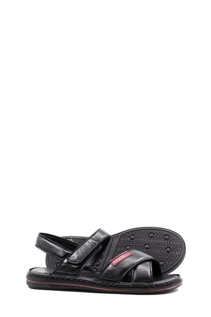 Men's Black Leather Sandals with Adjustable Straps and Contrast Detail