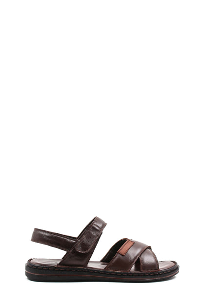 Men's Brown Leather Sandals with Cross Straps and Cushioned Footbed