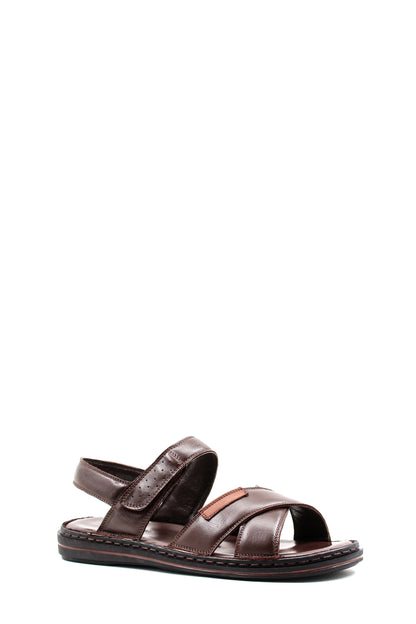 Men's Brown Leather Sandals with Cross Straps and Cushioned Footbed