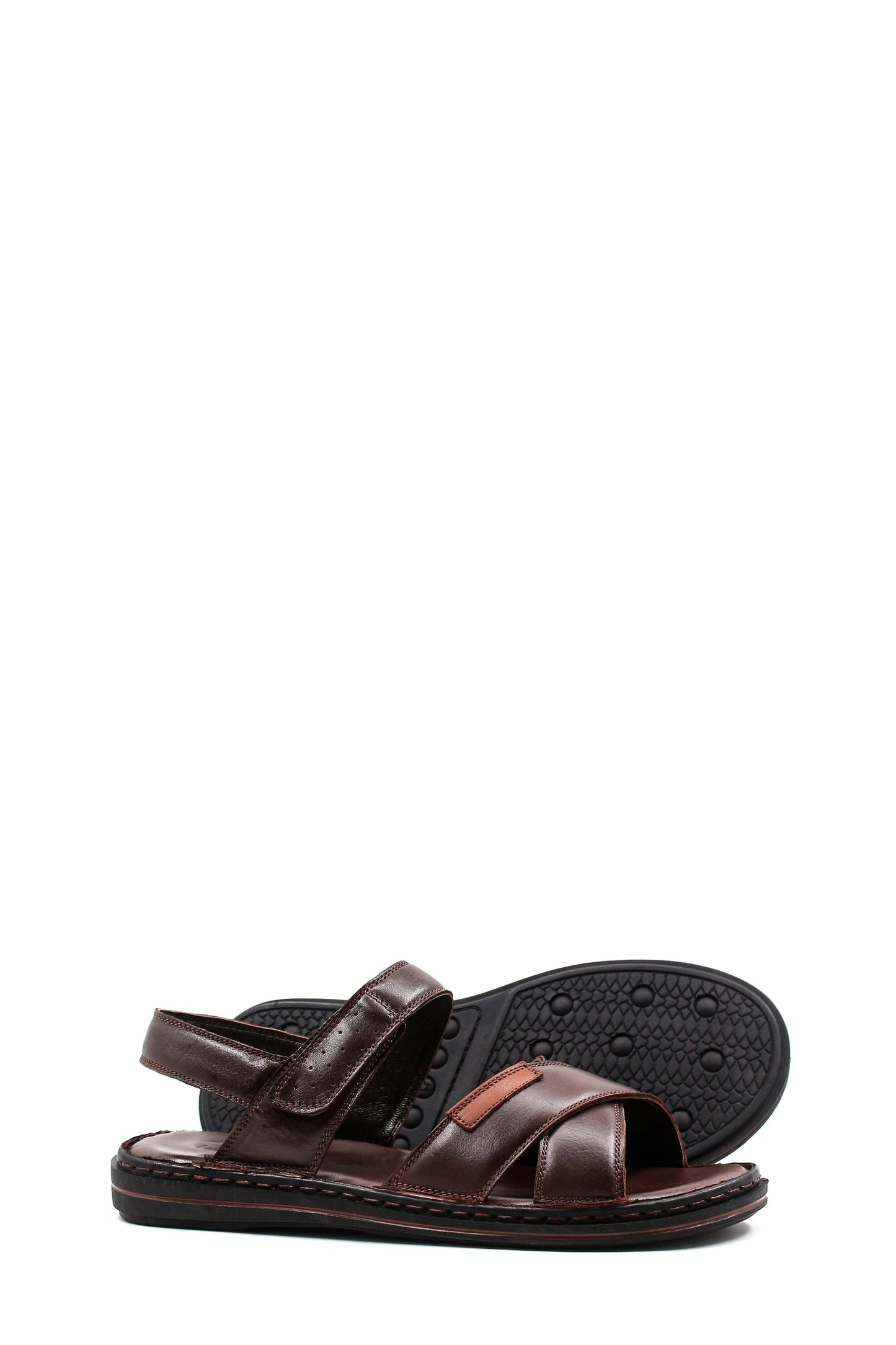 Men's Brown Leather Sandals with Cross Straps and Cushioned Footbed