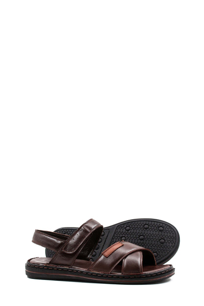 Men's Brown Leather Sandals with Cross Straps and Cushioned Footbed