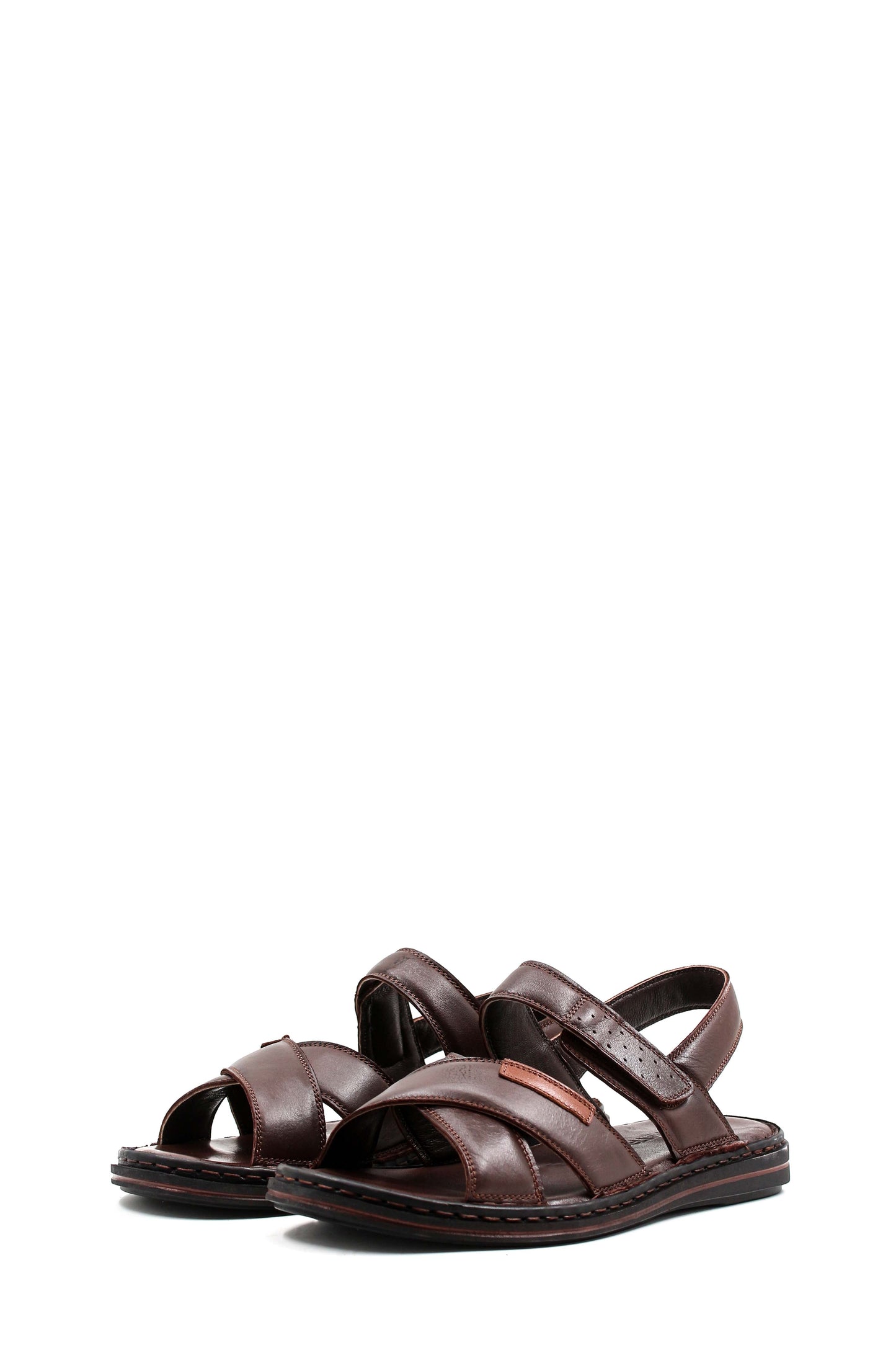 Men's Brown Leather Sandals with Cross Straps and Cushioned Footbed