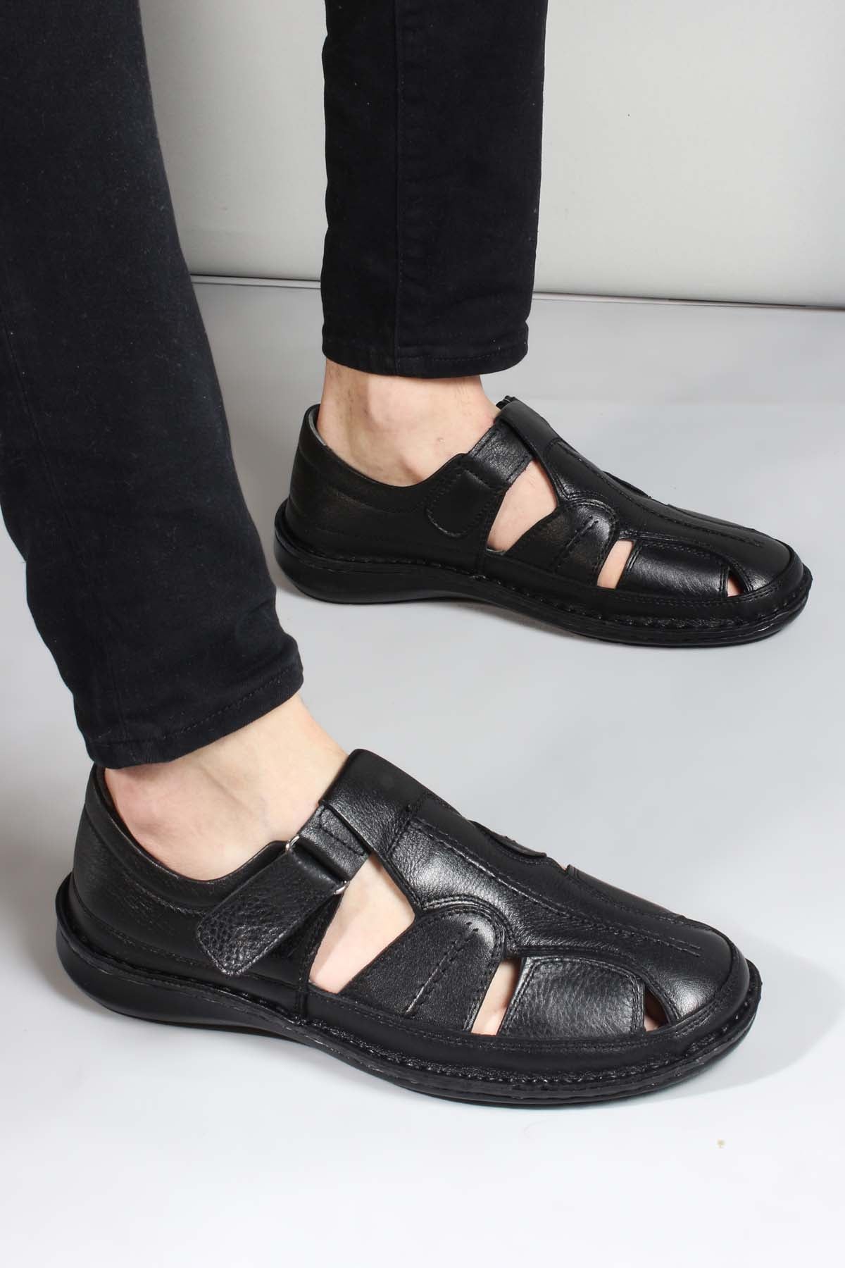 Men's Black Leather Fisherman Sandals