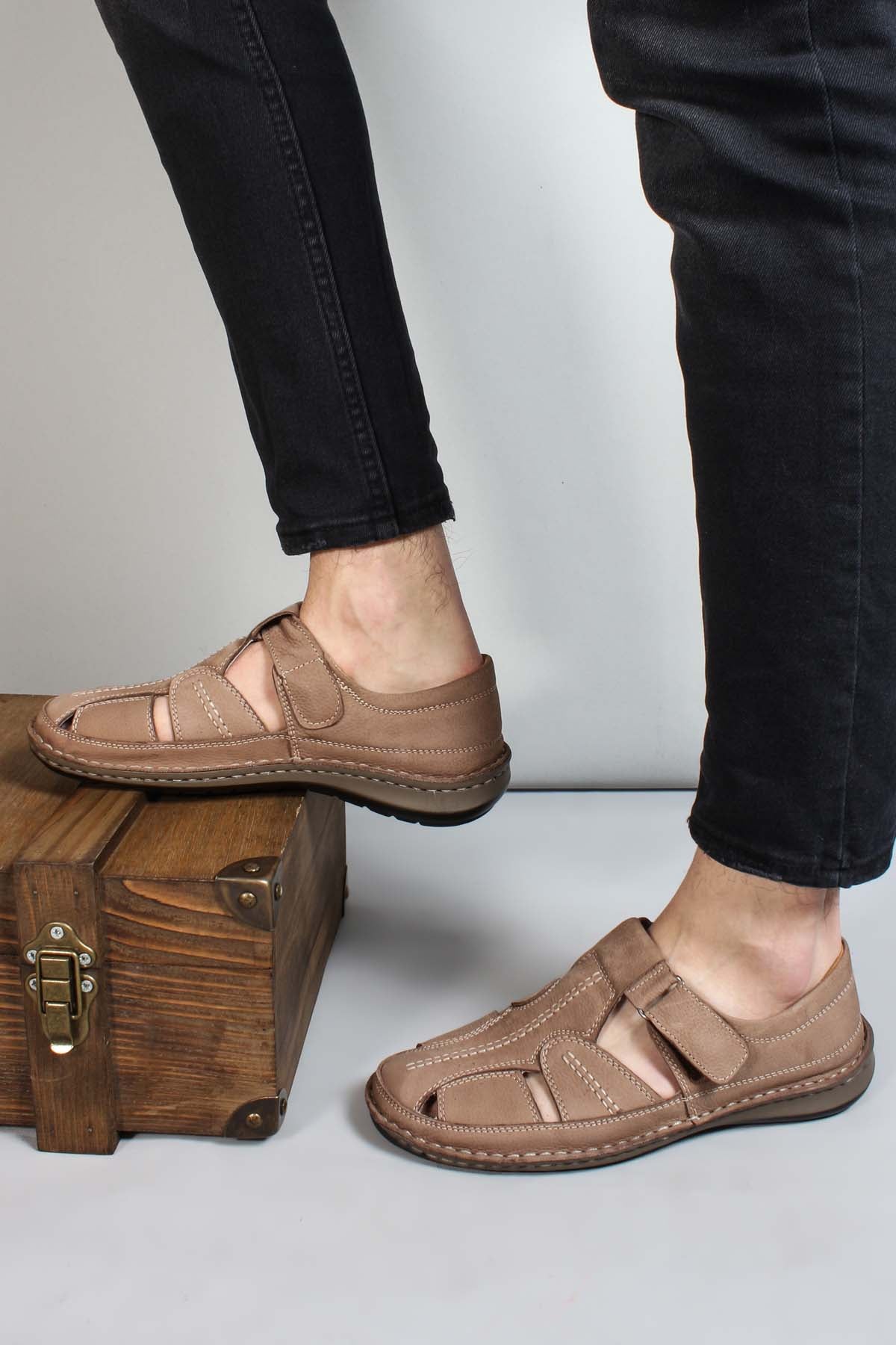 Men's Beige Leather Sandal Shoes