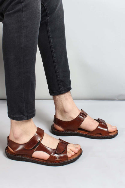 Men's Brown Leather Sandals with Adjustable Straps