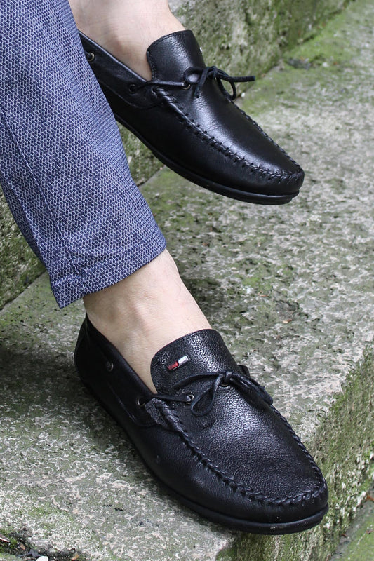 KOALA SYDNEY Men's Black Leather Loafers with Stylish Embellishments