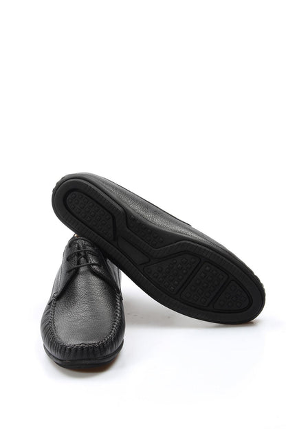 Men's Black Moccasin Leather Shoes with Lace Detailing