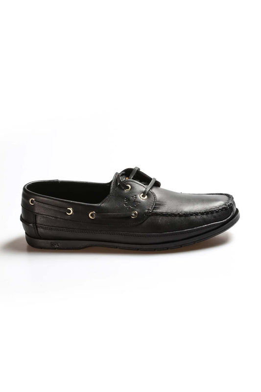 KOALA SYDNEY Men's Black Leather Boat Shoes with Lace-Up Detail