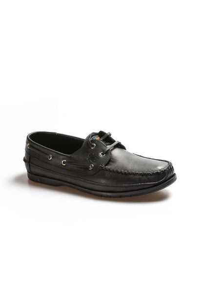 KOALA SYDNEY Men's Black Leather Boat Shoes with Lace-Up Detail