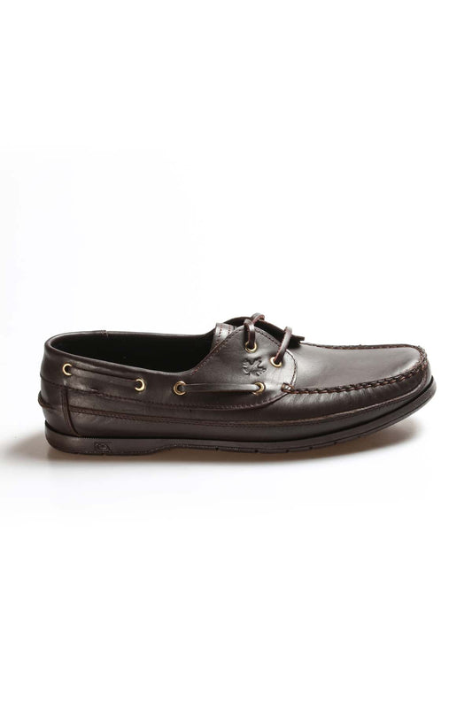 KOALA SYDNEY Men's Brown Leather Boat Shoes with Metal Eyelets and Moc Toe Stitching