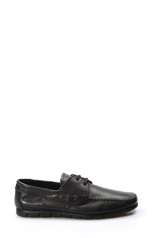 KOALA SYDNEY Men's Black Leather Moccasin Loafers with Lace-Up Detail