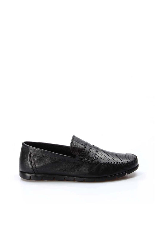 KOALA SYDNEY Men's Black Leather Perforated Loafers with Moc Toe