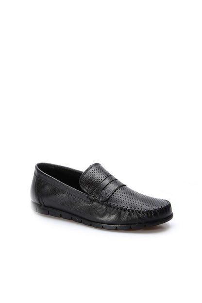 KOALA SYDNEY Men's Black Leather Perforated Loafers with Moc Toe
