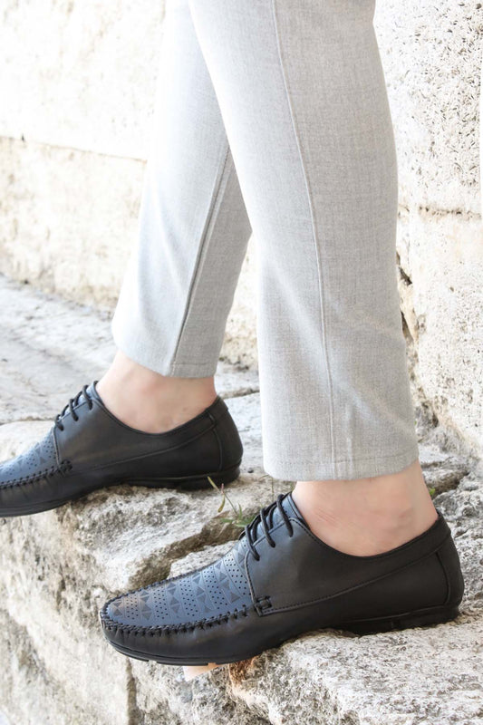 KOALA SYDNEY Men's Black Leather Lace-Up Loafers with Perforated Detail