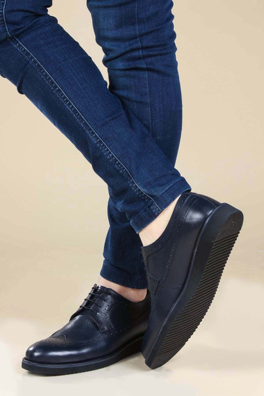 KOALA SYDNEY Men's Navy Leather Brogue Dress Shoes with Rubber Sole