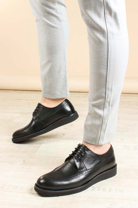 Men's Black Leather Brogue Derby Shoes with Cushioned Sole