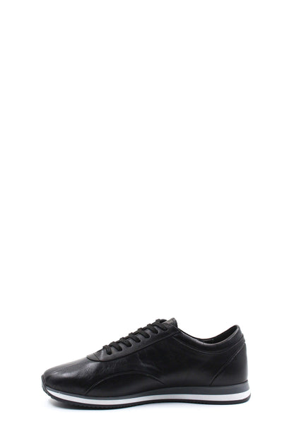 Men's Black Leather Low-Top Sneakers with Contrast Sole