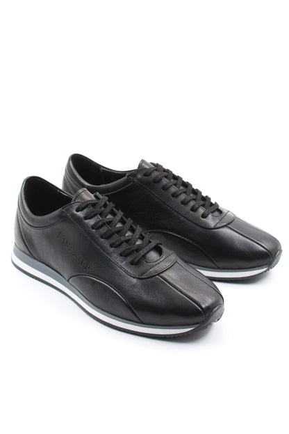 Men's Black Leather Low-Top Sneakers with Contrast Sole