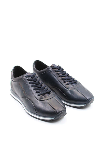 Men's Navy Blue Leather Running Shoes-Wessi