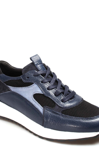KOALA SYDNEY Men's Navy Blue Mesh and Leather Lace-Up Sneakers with White Sole