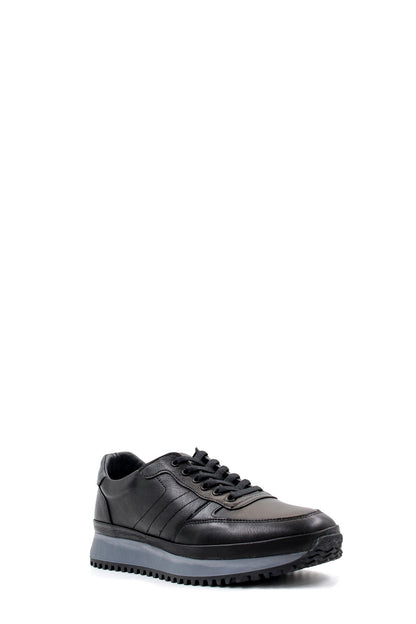 Men's Black Leather Lace-Up Sneakers with Contrasting Sole