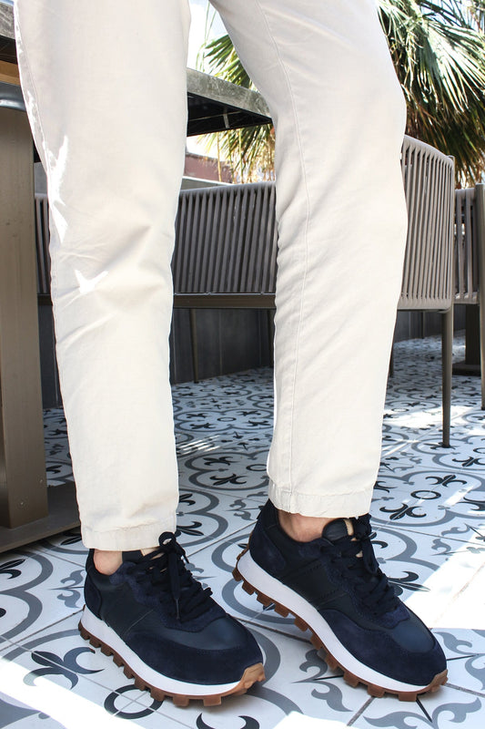 KOALA SYDNEY Men's Navy Blue Suede and Leather Casual Sneakers with White Sole