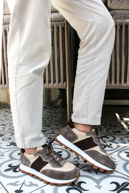 KOALA SYDNEY Men's Beige and Grey Suede Casual Sneakers with Brown Accents