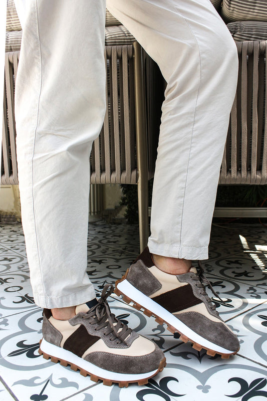 KOALA SYDNEY Men's Beige and Grey Suede Casual Sneakers with Brown Accents
