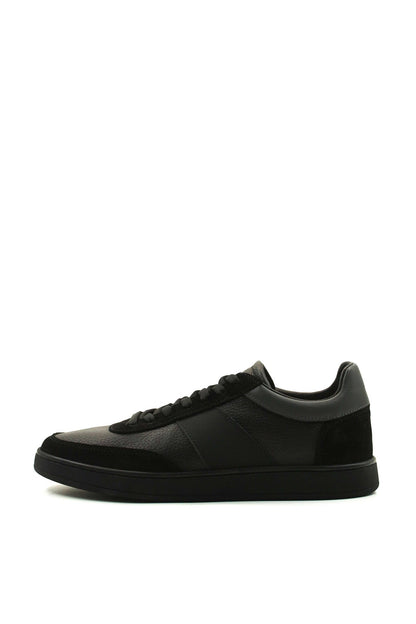 Men's Black Leather Casual Sneakers with Suede Accents