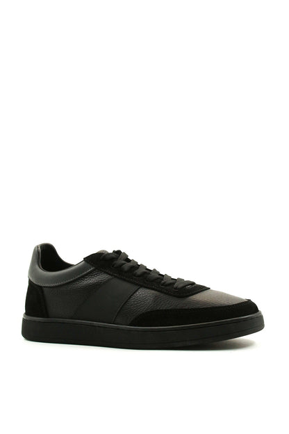 Men's Black Leather Casual Sneakers with Suede Accents