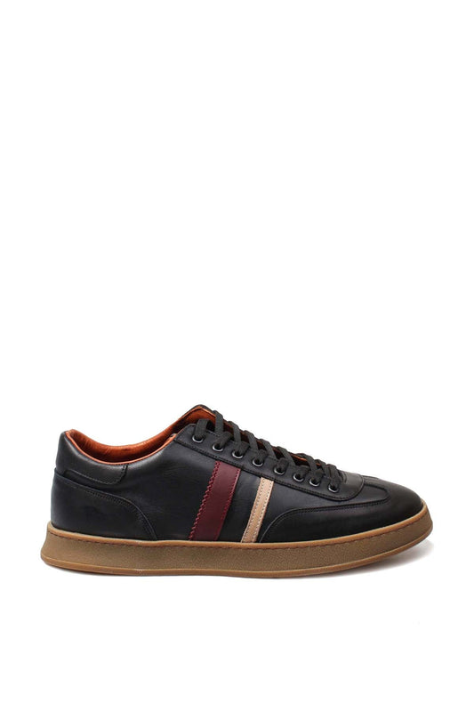 KOALA SYDNEY Men's Black Leather Sneakers with Color Stripe and Gum Sole