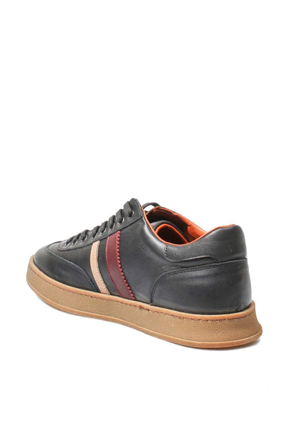Men's Black Leather Sneakers with Color Stripe and Gum Sole