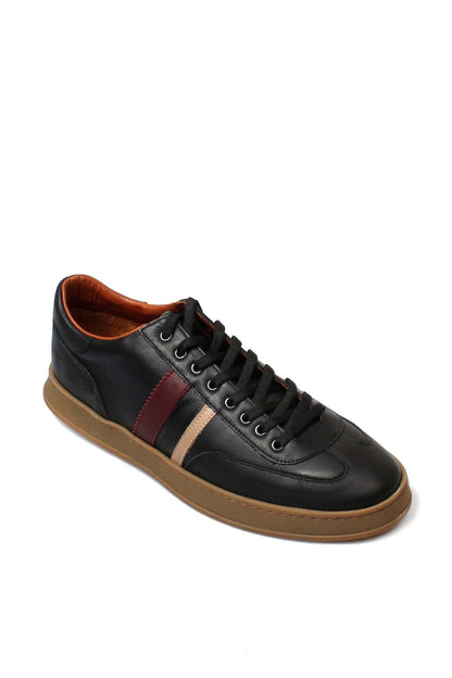 KOALA SYDNEY Men's Black Leather Sneakers with Color Stripe and Gum Sole