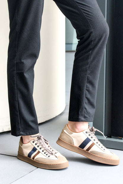 KOALA SYDNEY Men's Beige Leather Sneakers with Brown and Navy Stripes