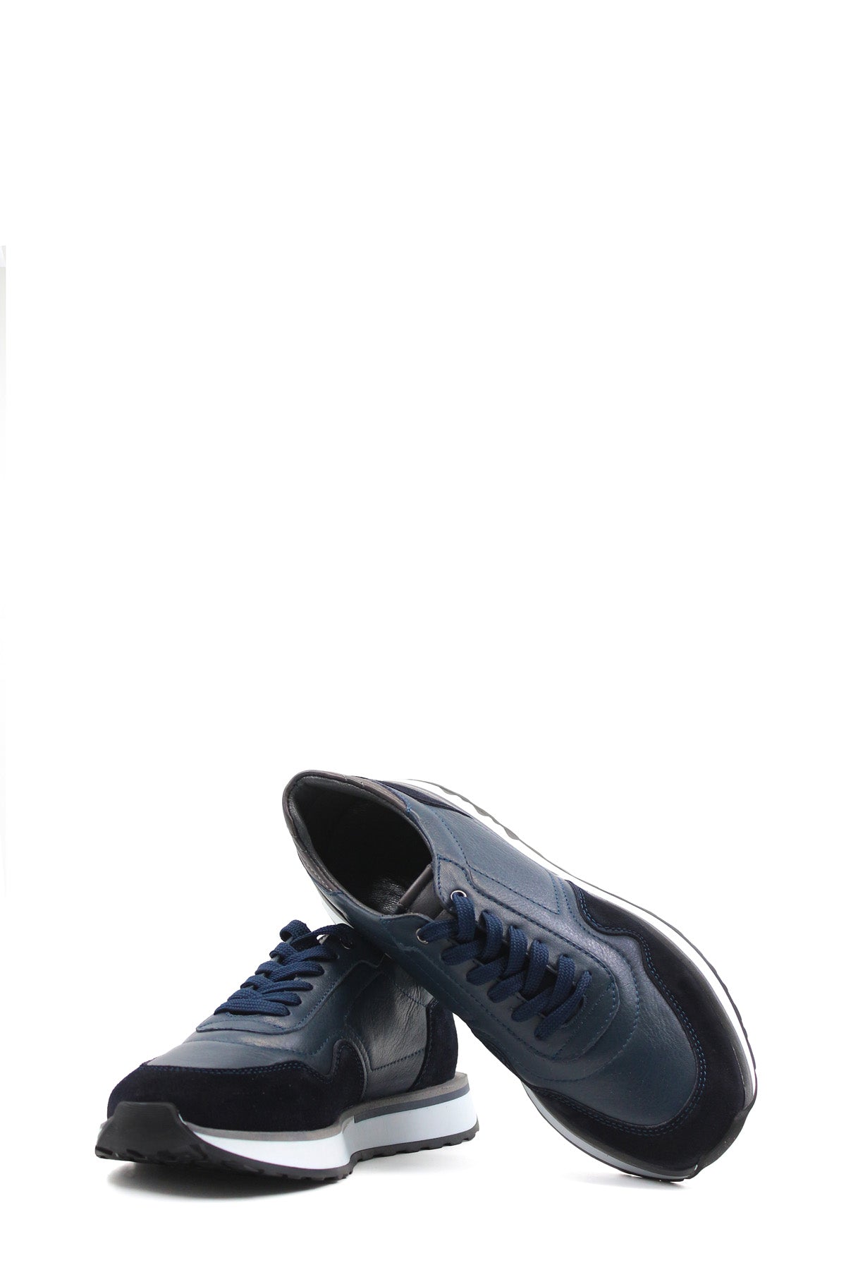 Men's Navy Blue Leather Sneakers with White Sole