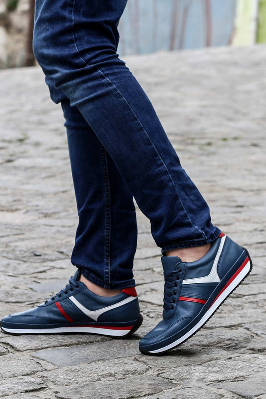 KOALA SYDNEY Men's Blue Leather Sneakers with Red and White Accents