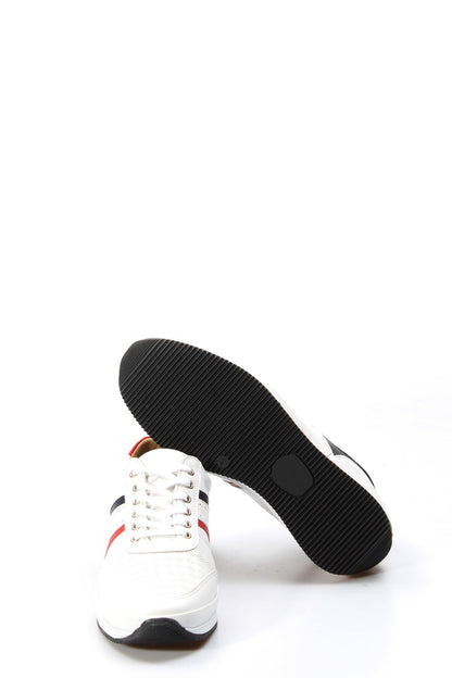 Men's White Leather Sneakers with Red and Blue Stripes